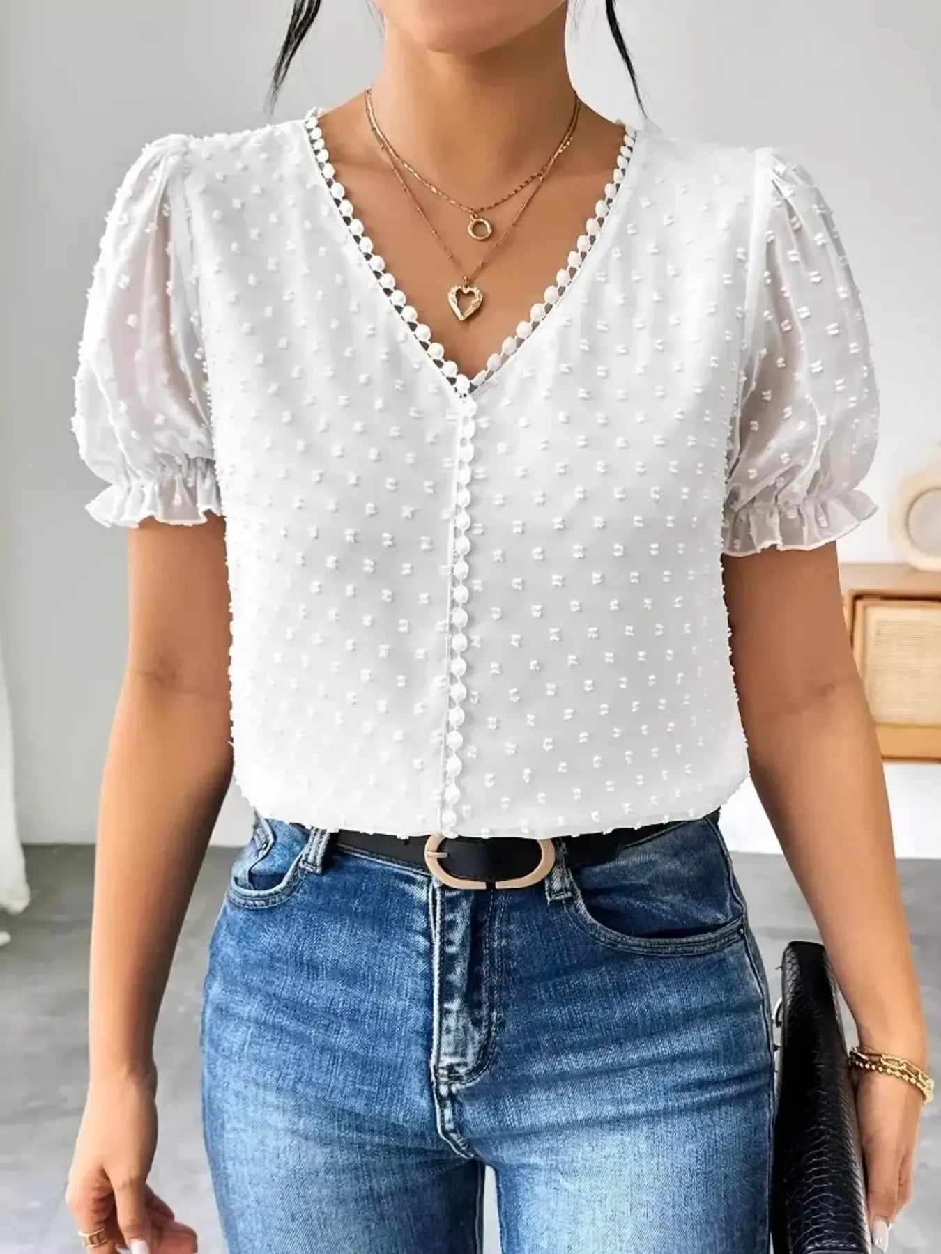 Swiss Dot Short Sleeve Blouse