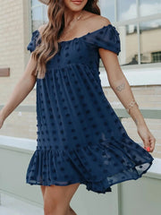 Swiss Dot Square Neck Mini Dress Dark Blue / S