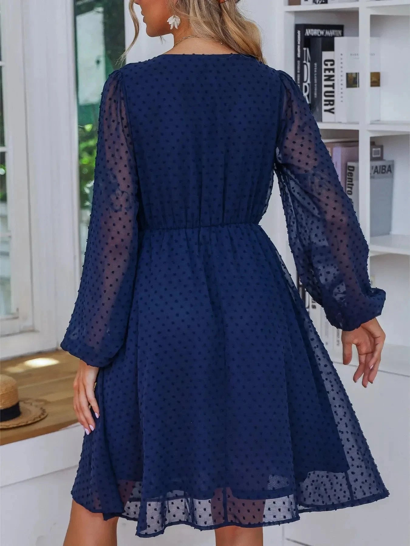 Swiss Dot V-Neck Balloon Sleeve Dress