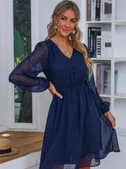 Swiss Dot V-Neck Balloon Sleeve Dress