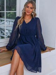 Swiss Dot V-Neck Balloon Sleeve Dress Navy / S