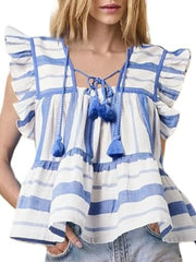 Tassel Ruffled Striped Blouse