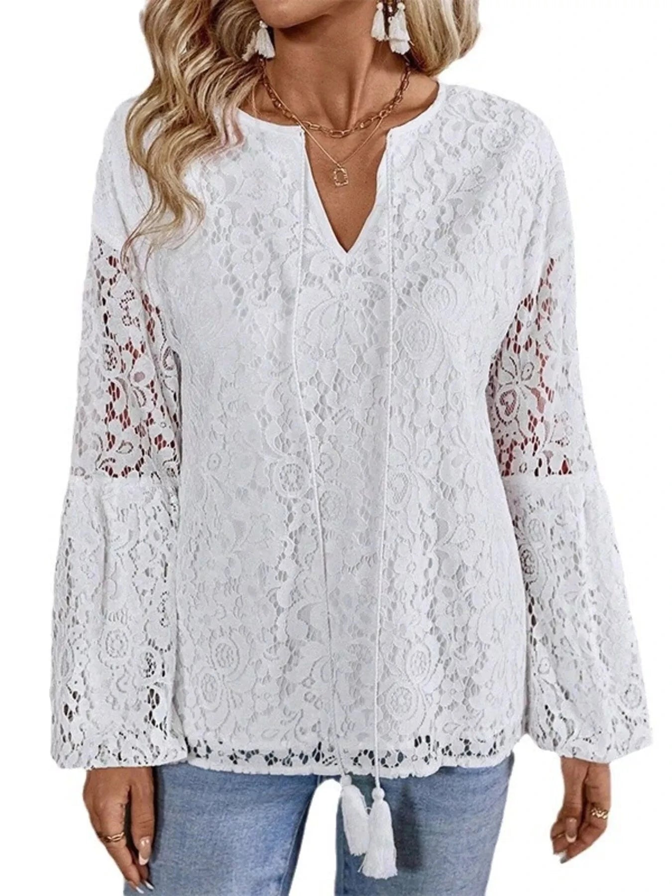 Tassel Tie Neck Balloon Sleeve Lace Top