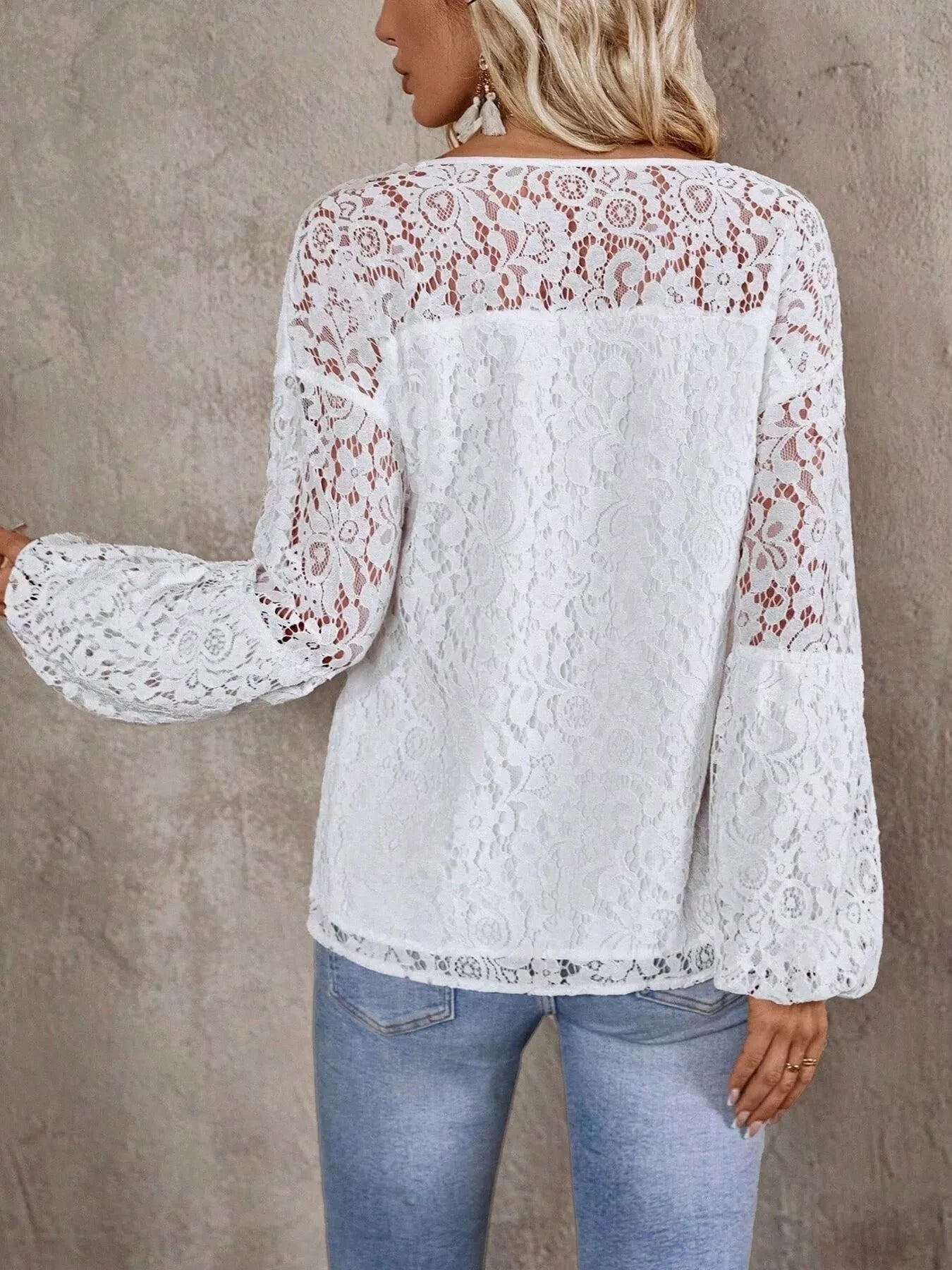 Tassel Tie Neck Balloon Sleeve Lace Top