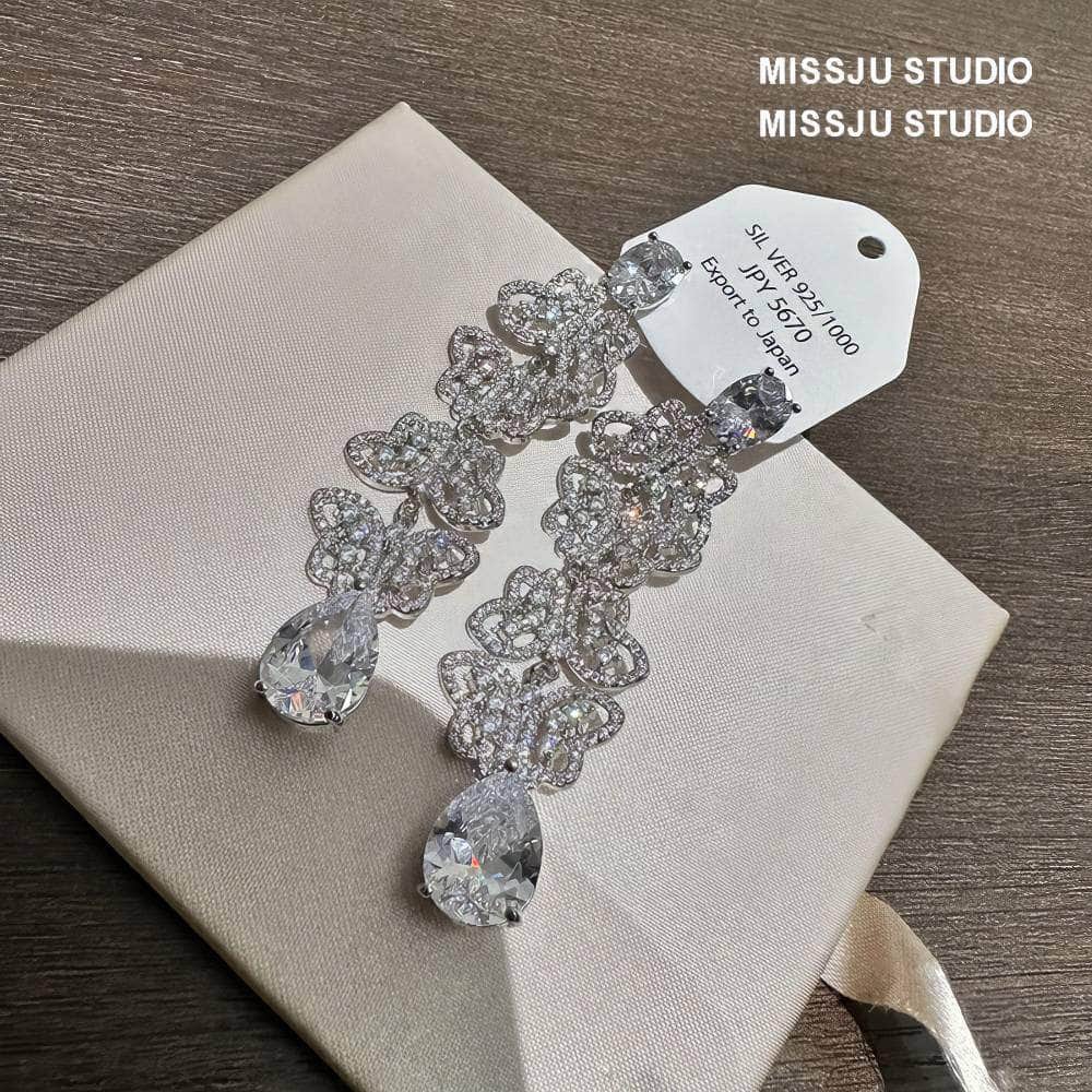 Teardrop Butterfly Crystals Studded Statement Earrings White