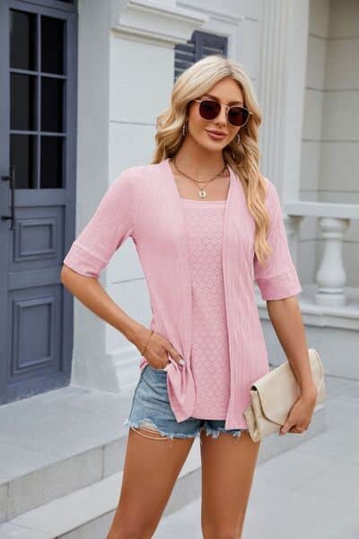 Texture Square Neck Half Sleeve Blouse Blush Pink / M