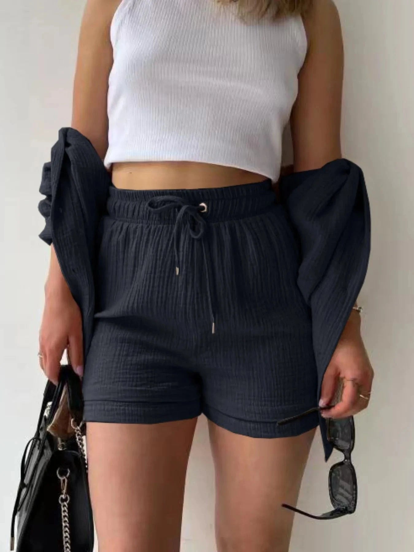 Textured Button Up Shirt and Shorts Set