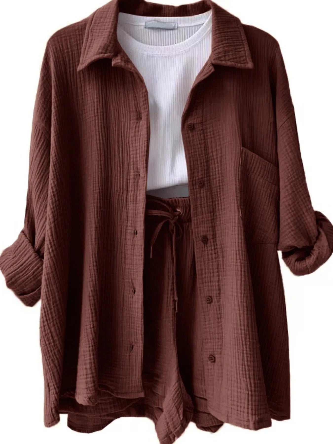 Textured Button Up Shirt and Shorts Set Brown / S