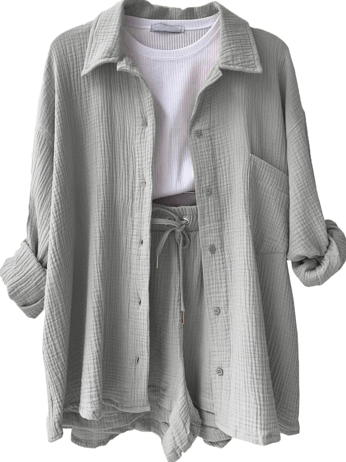 Textured Button Up Shirt and Shorts Set Light Gray / S