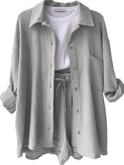 Textured Button Up Shirt and Shorts Set Light Gray / S