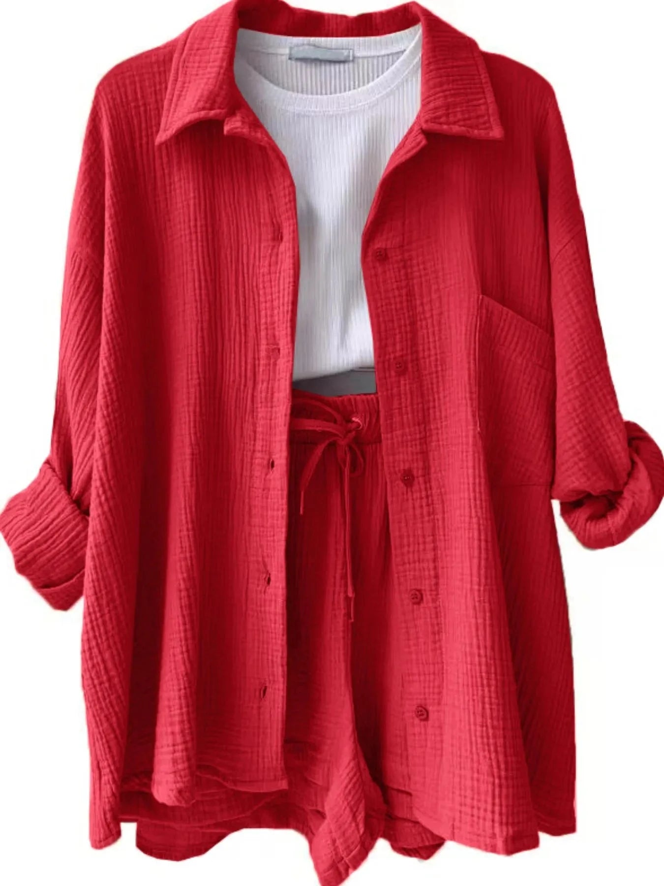 Textured Button Up Shirt and Shorts Set Scarlet / S