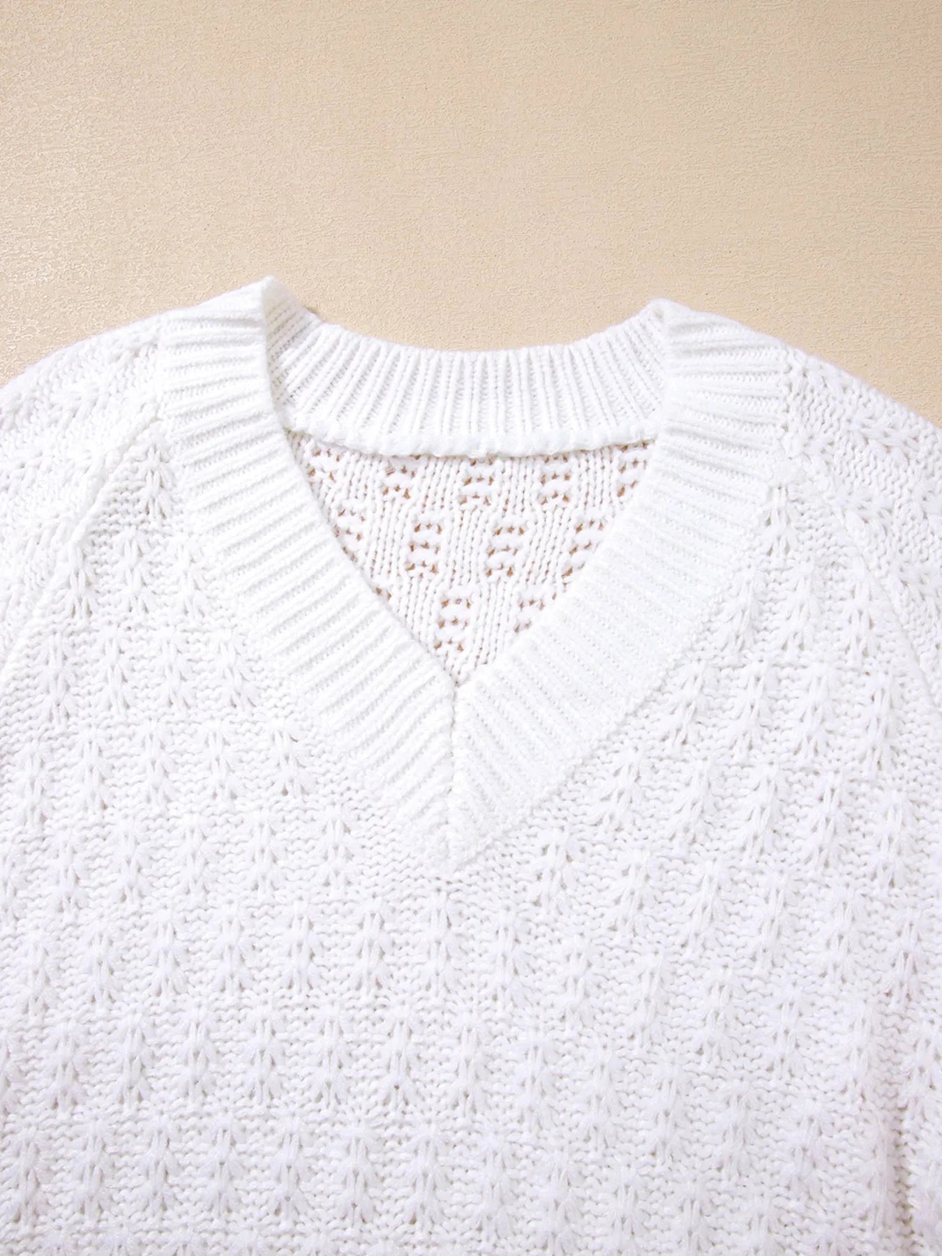 Textured Knit Ribbed Edge V Neck Loose Sweater