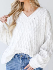 Textured Knit Ribbed Edge V Neck Loose Sweater White / S