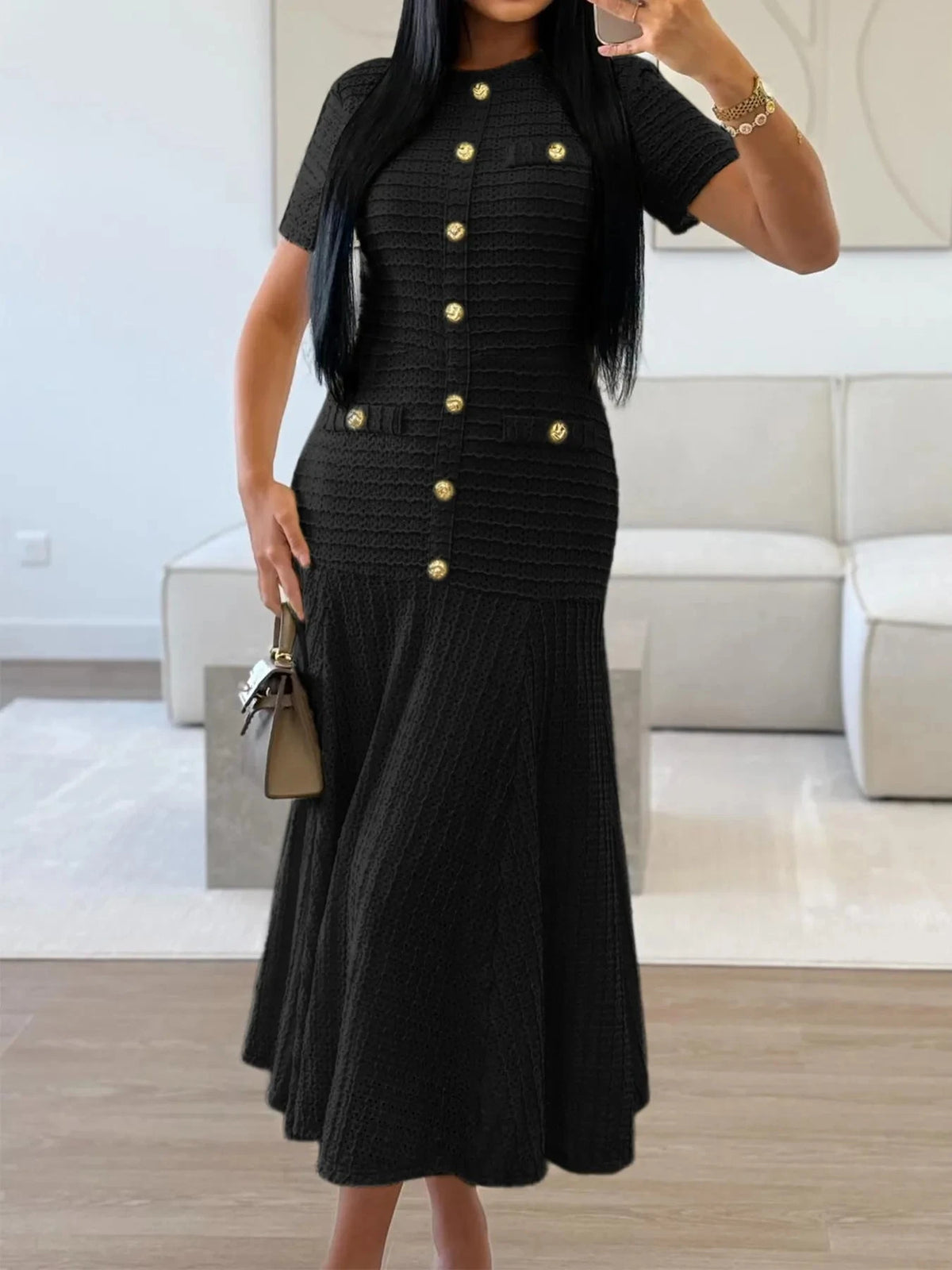 Textured Knit Short Sleeve Dress Black / S