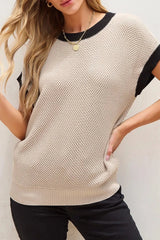 Textured Knit Sweater with Contrast Trim Details