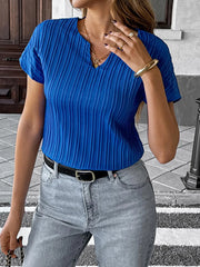 Textured Notched Short Sleeve Blouse Navy / S