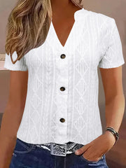 Textured Notched Short Sleeve Blouse White / S