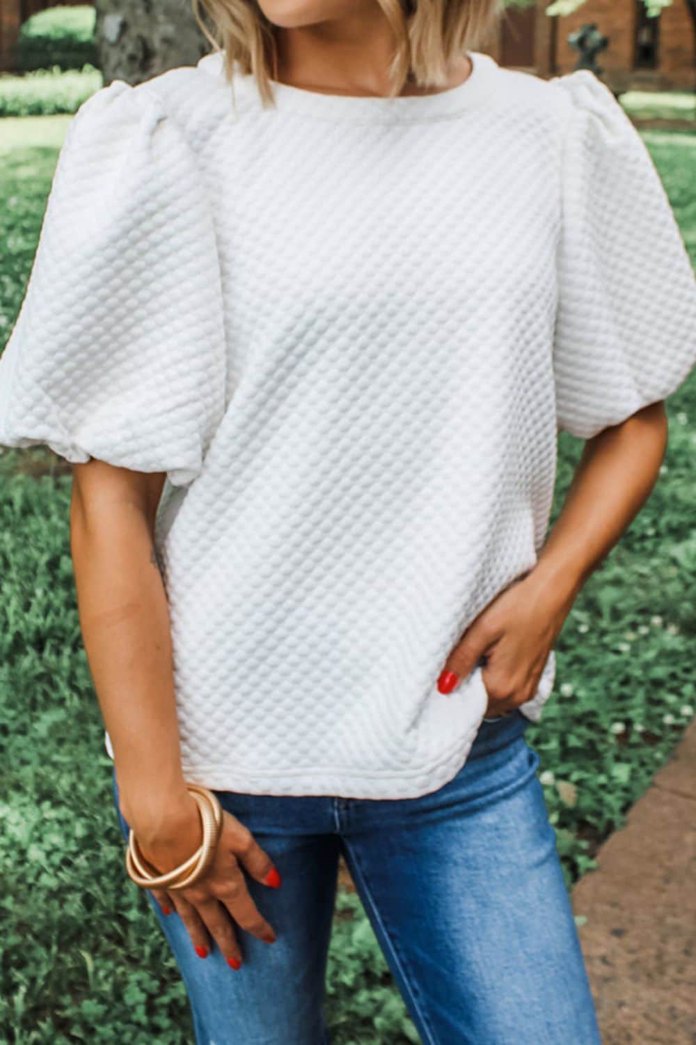 Textured Round Neck Puff Sleeve Blouse White / S
