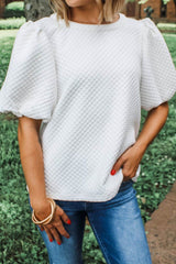 Textured Round Neck Puff Sleeve Blouse White / S