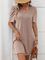 Textured Round Neck Short Sleeve Mini Dress