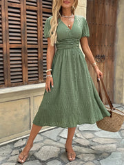 Textured V-Neck Short Sleeve Dress