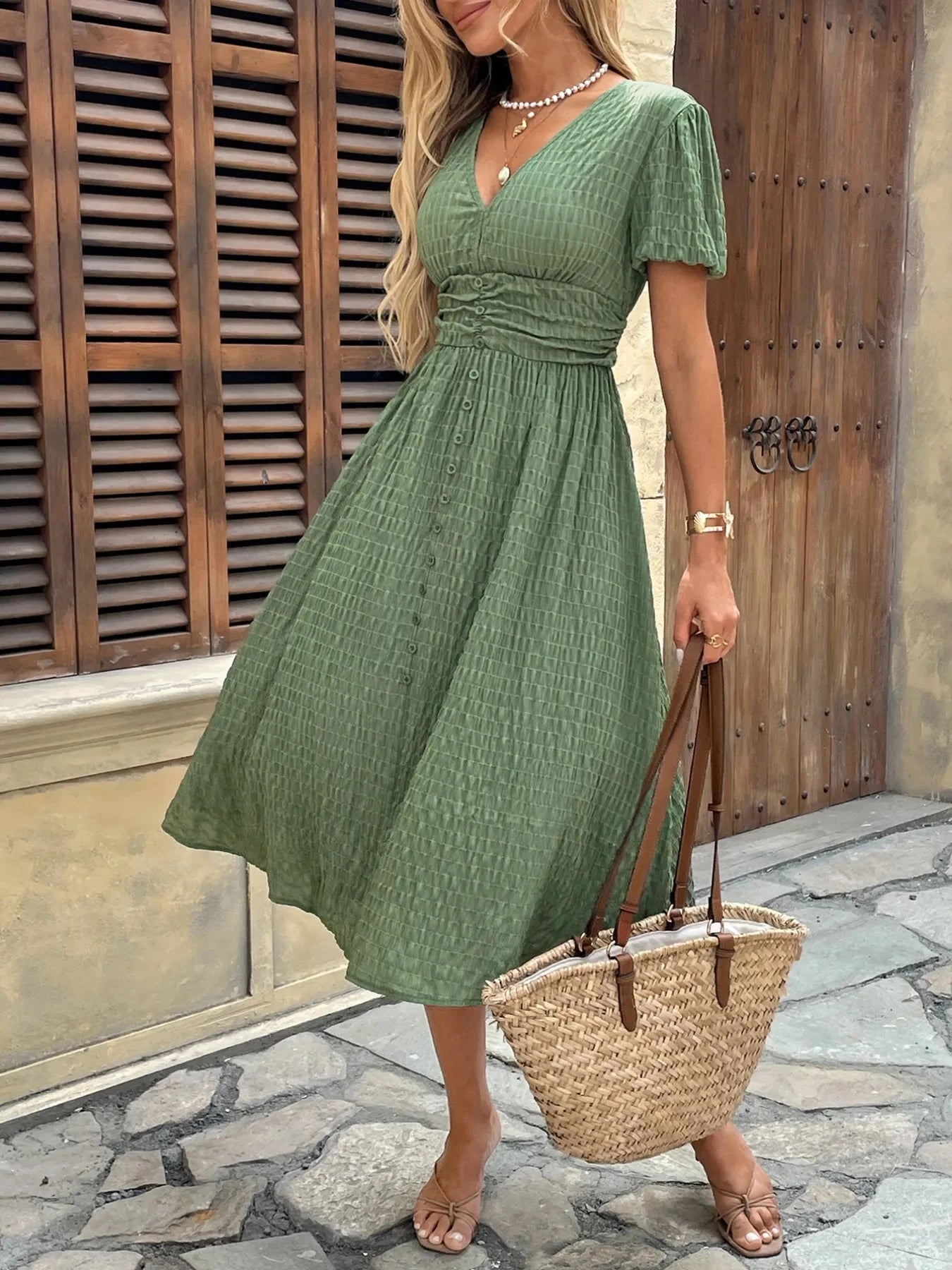 Textured V-Neck Short Sleeve Dress Matcha Green / S