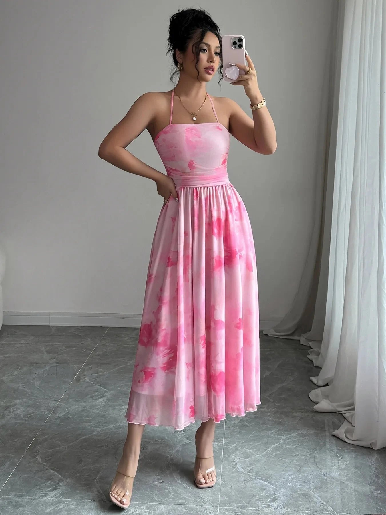 Tie-Dye Halter Sleeveless Midi Dress