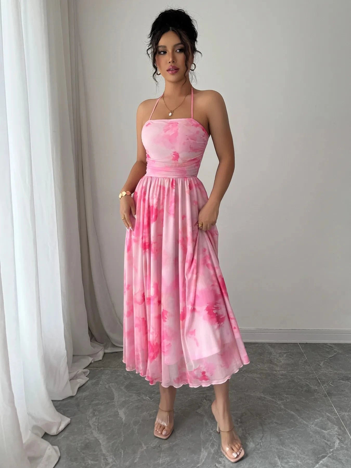 Tie-Dye Halter Sleeveless Midi Dress