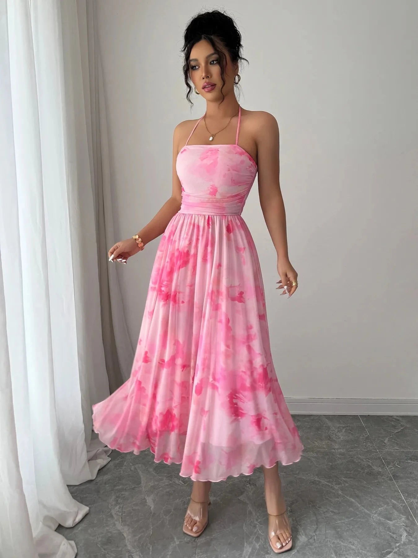 Tie-Dye Halter Sleeveless Midi Dress
