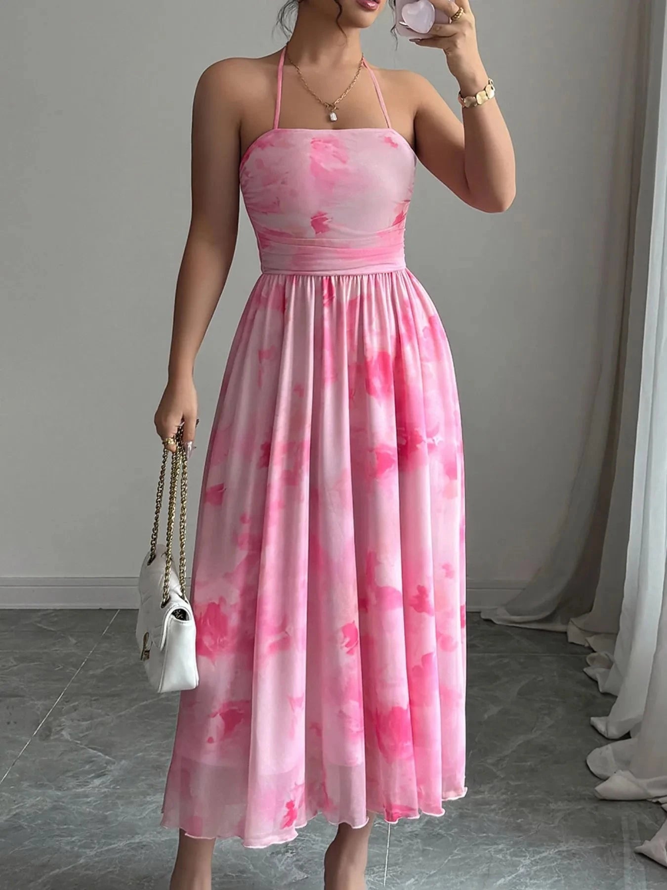 Tie-Dye Halter Sleeveless Midi Dress Pink / S