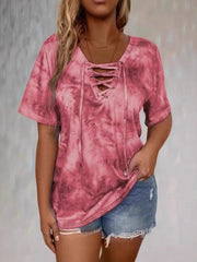 Tie Dye Lace-Up V-Neck Casual T-Shirt