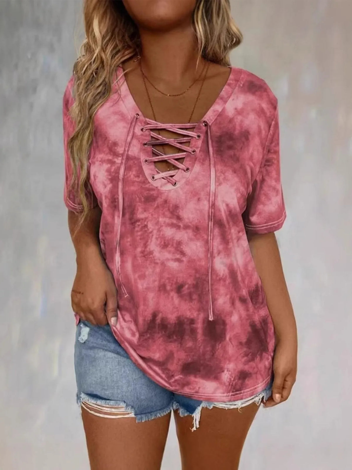 Tie Dye Lace-Up V-Neck Casual T-Shirt Burgundy / S