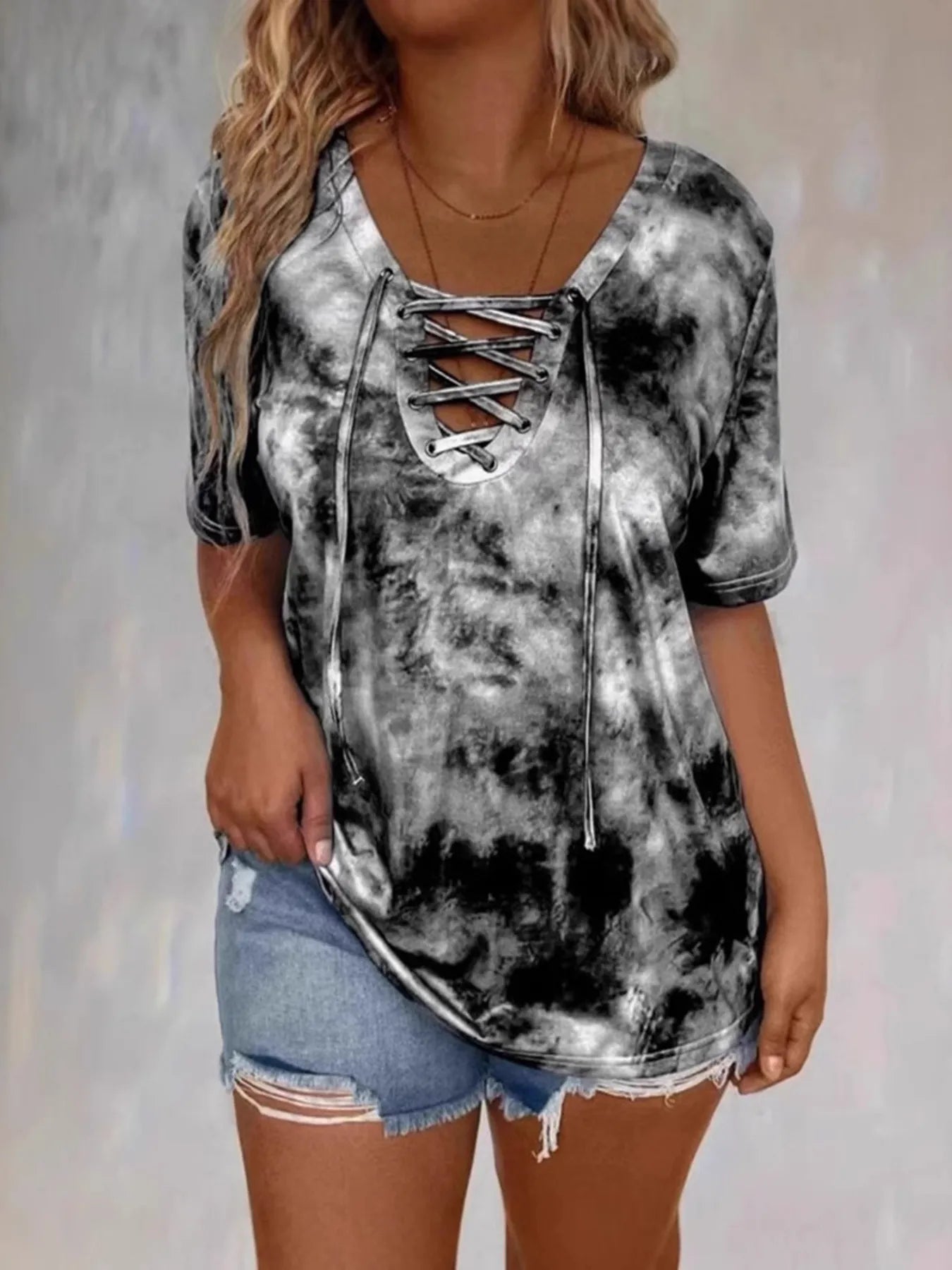 Tie Dye Lace-Up V-Neck Casual T-Shirt Grey / S