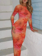 Tie-Dye Long Sleeve Maxi Bodycon Dress