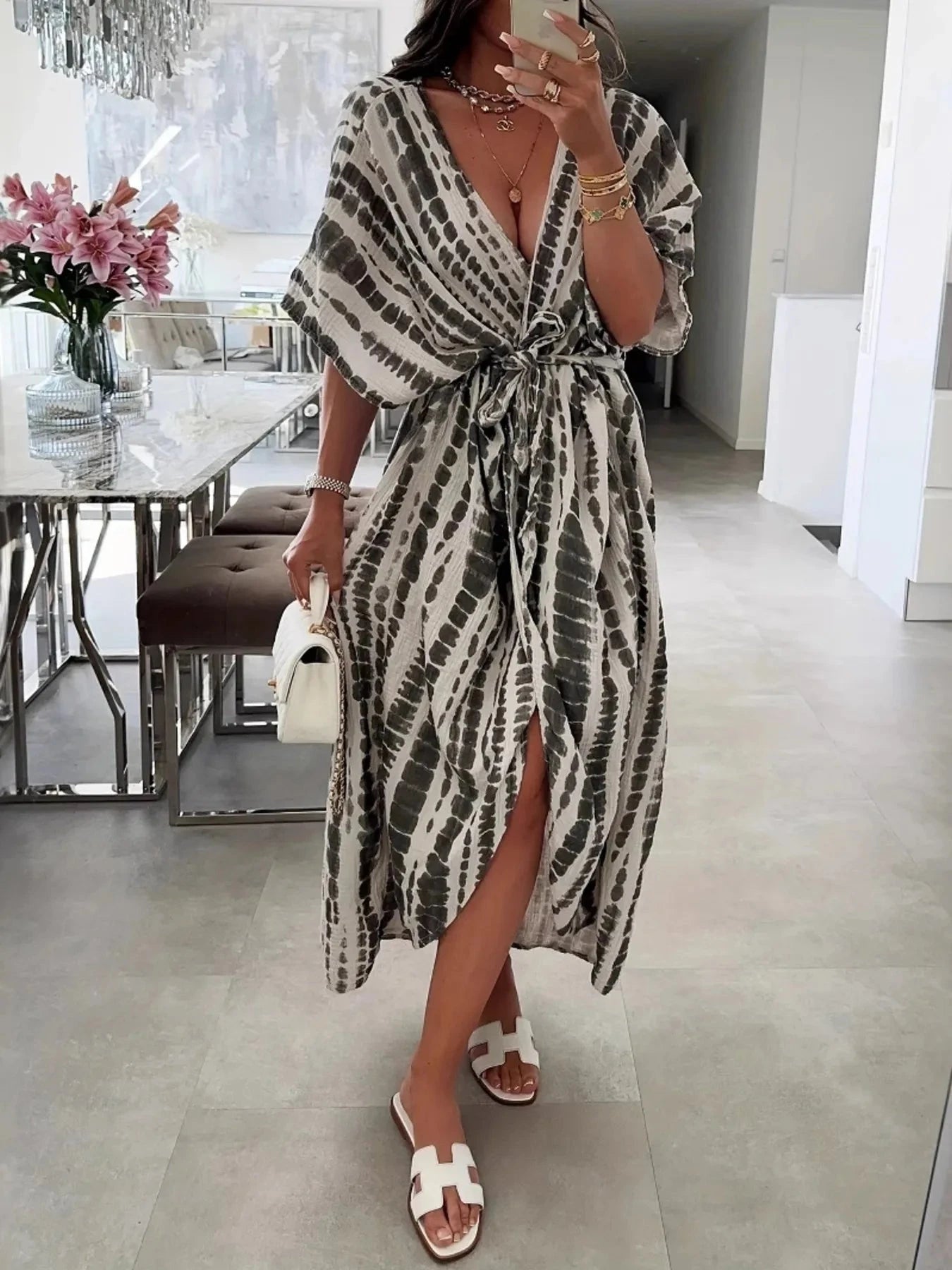 Tie-Dye Tie Waist Wrap Dress Black / S