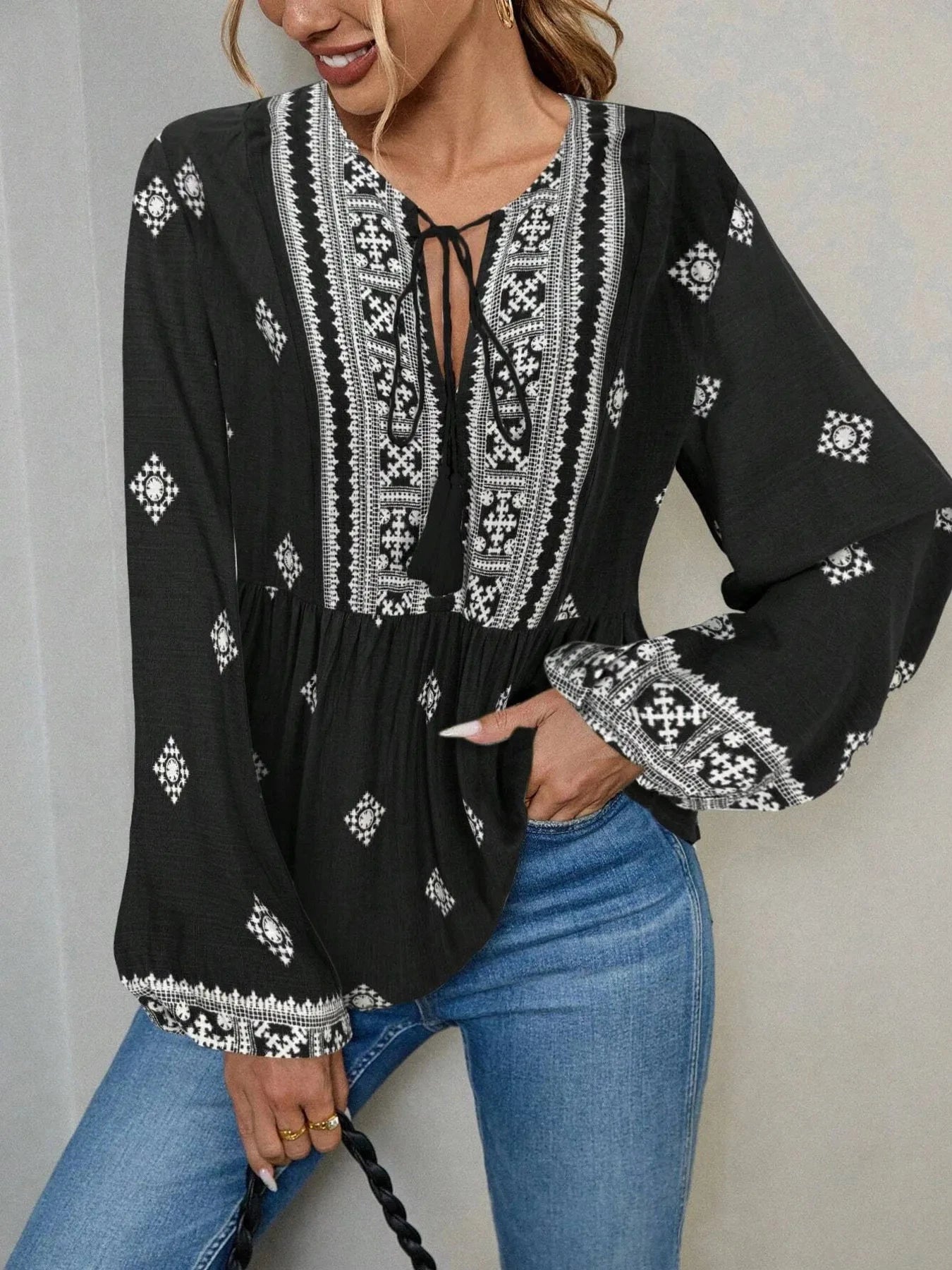 Tie Front Long Sleeve Blouse