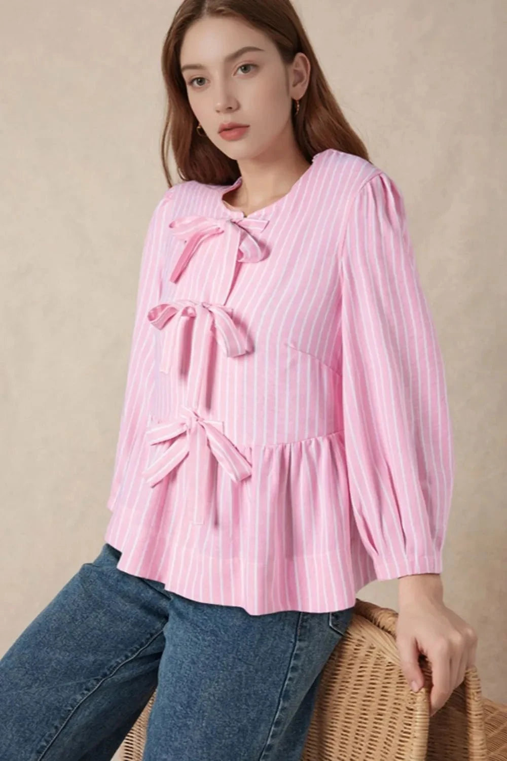 Tie Front Striped Peplum Blouse Blush Pink / S