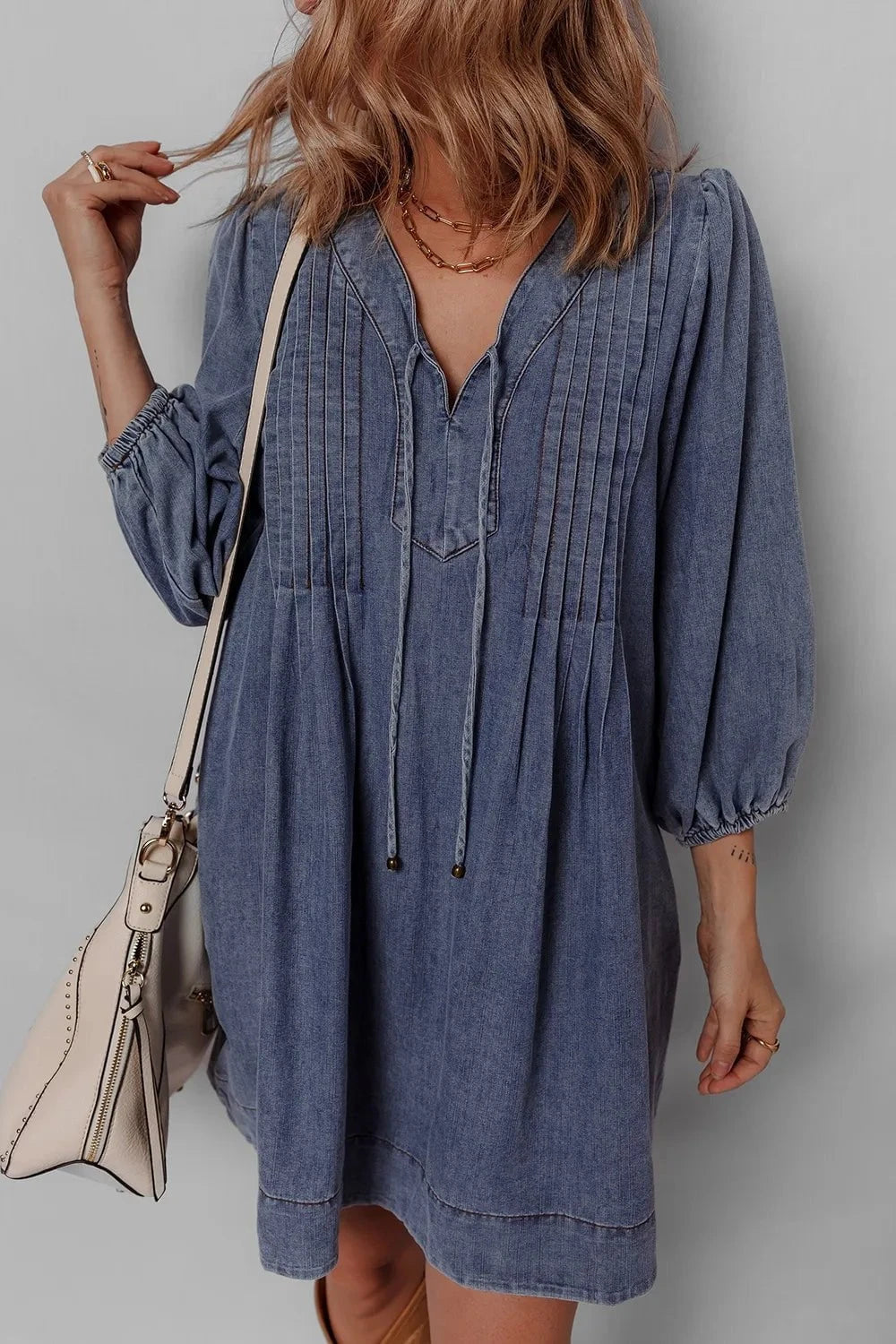 Tie Neck Long Sleeve Mini Denim Dress