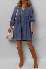 Tie Neck Long Sleeve Mini Denim Dress