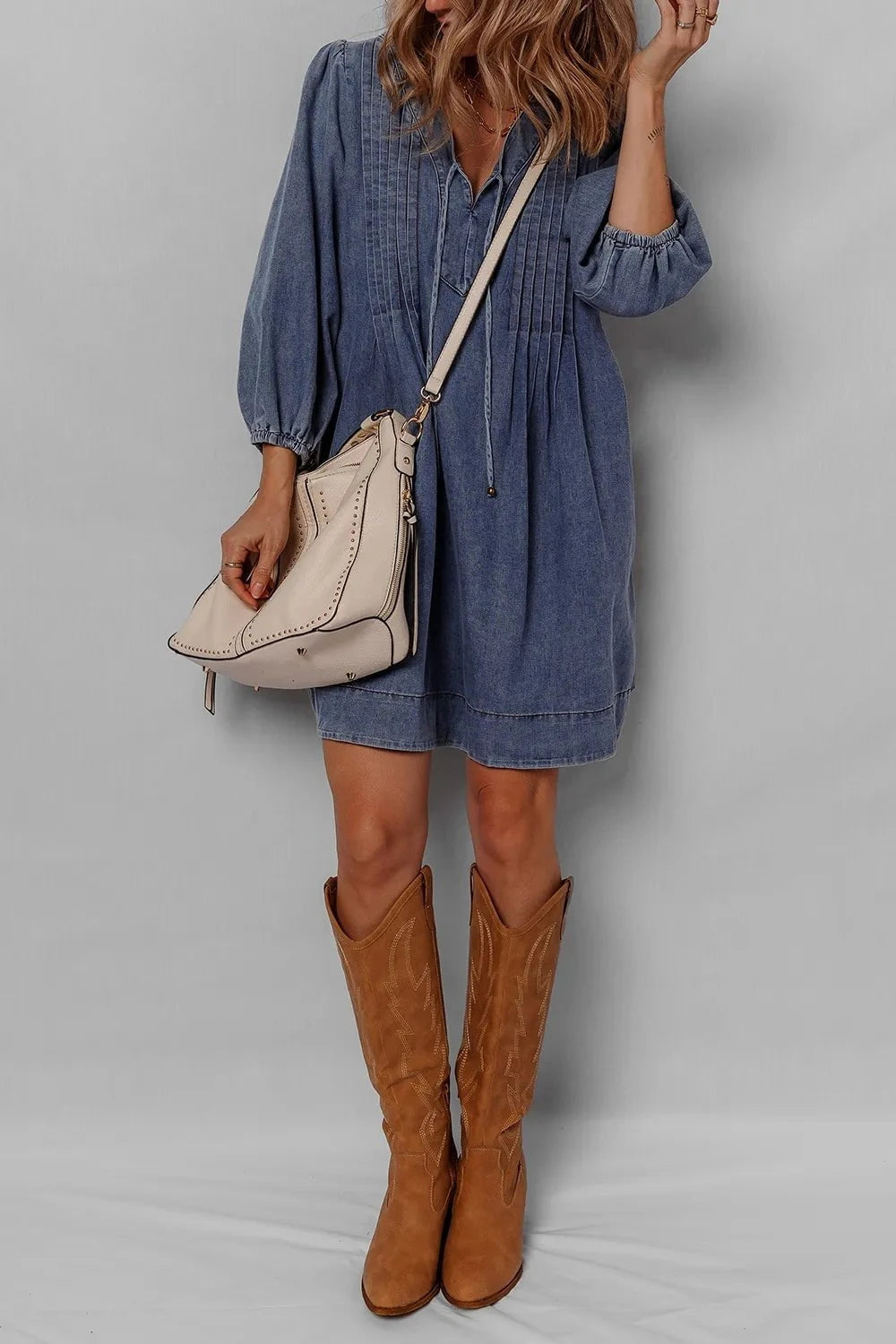 Tie Neck Long Sleeve Mini Denim Dress