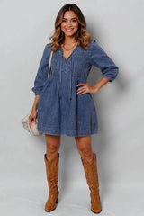 Tie Neck Long Sleeve Mini Denim Dress Dark / S