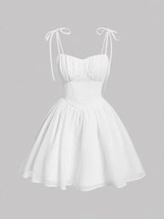 Tie-Shoulder Sweetheart Neck Mini Dress White / S