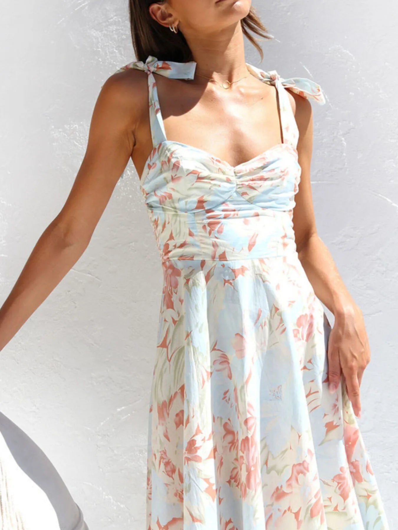 Tie-Shoulder Sweetheart Neck Summer Dress Apricot / S