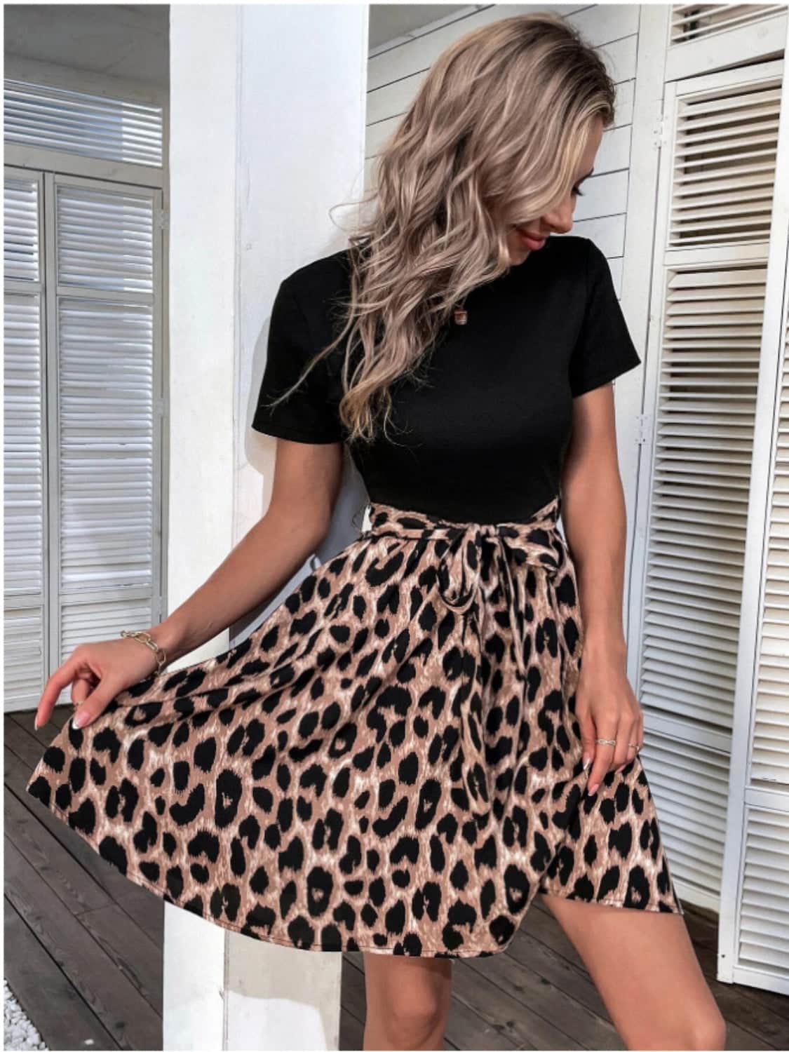 Tied Front Contrast Leopard Short Sleeve Mini Dress Coffee Brown / S