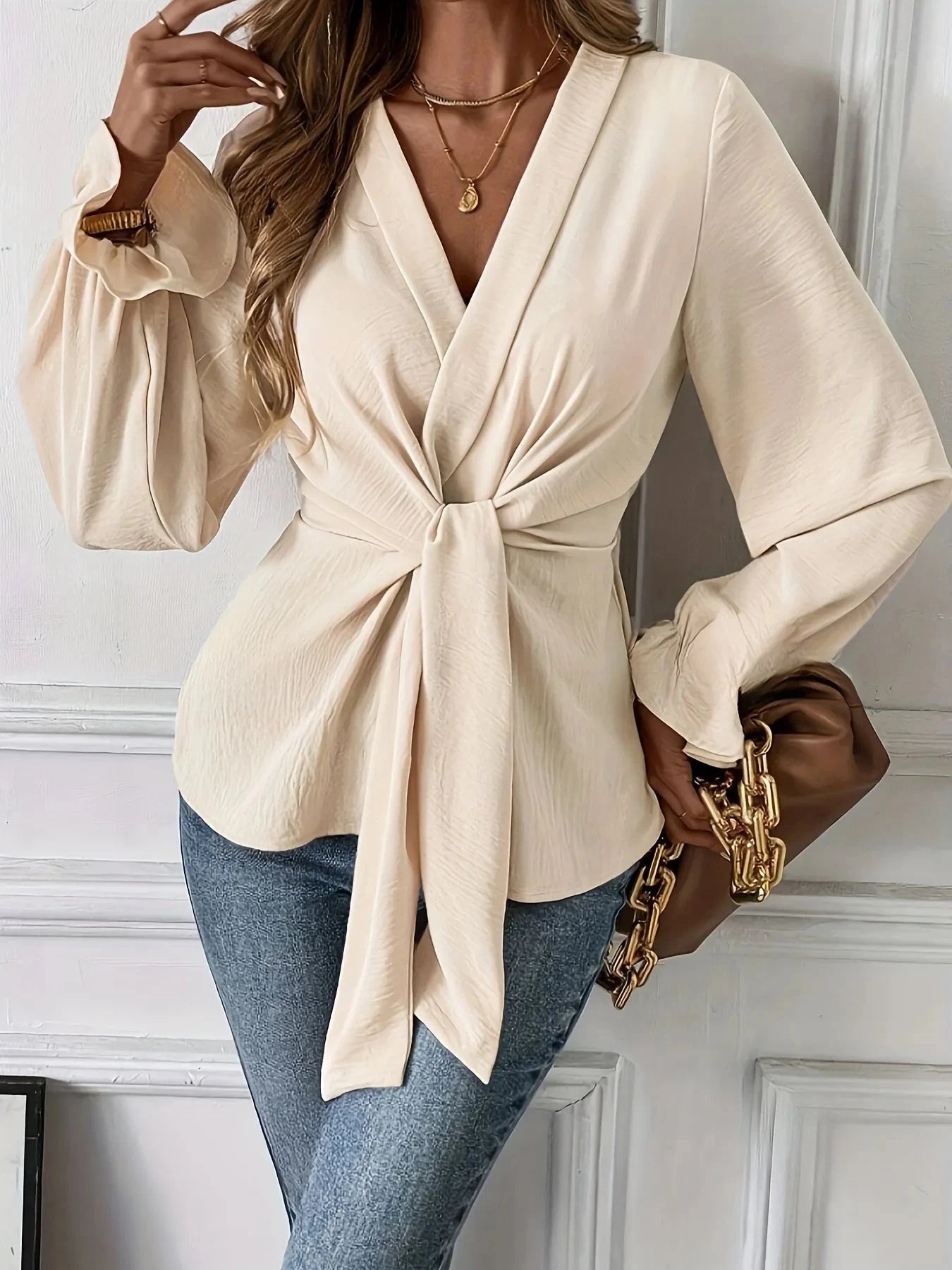Tied Front Flounce Sleeve Blouse