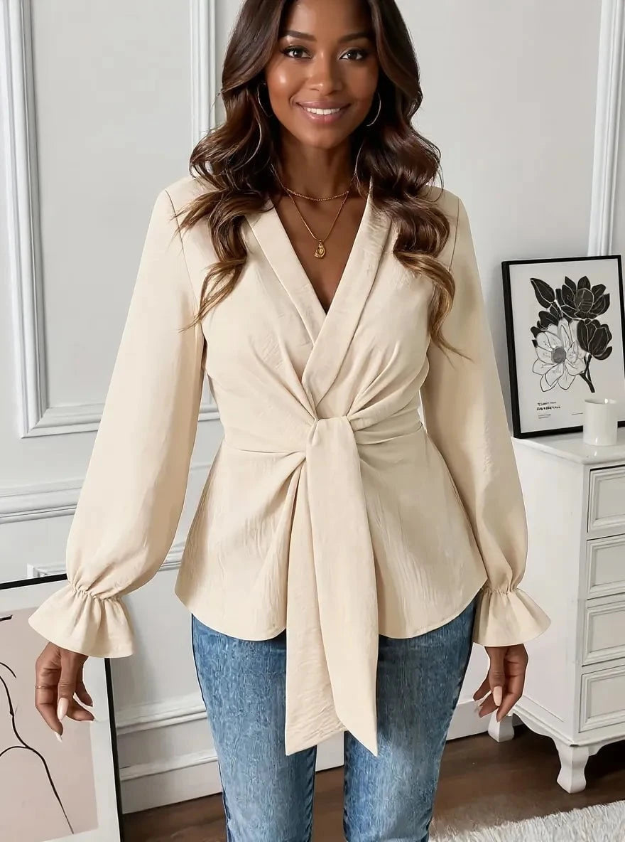 Tied Front Flounce Sleeve Blouse Apricot / S