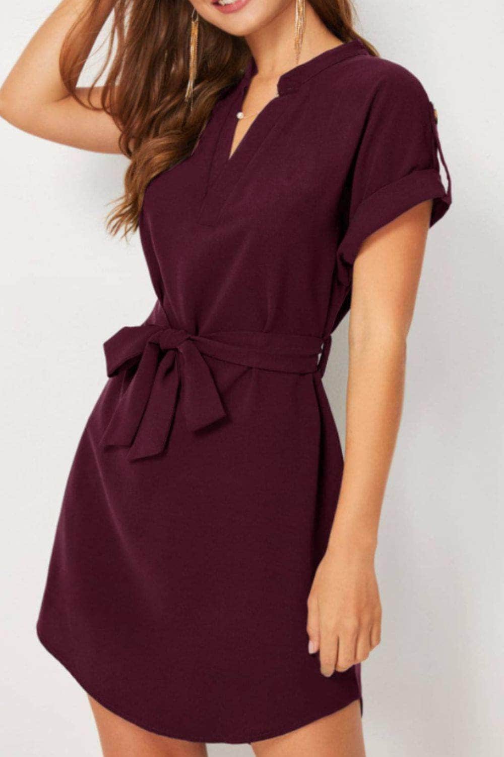 Tied Notched Short Sleeve Dress