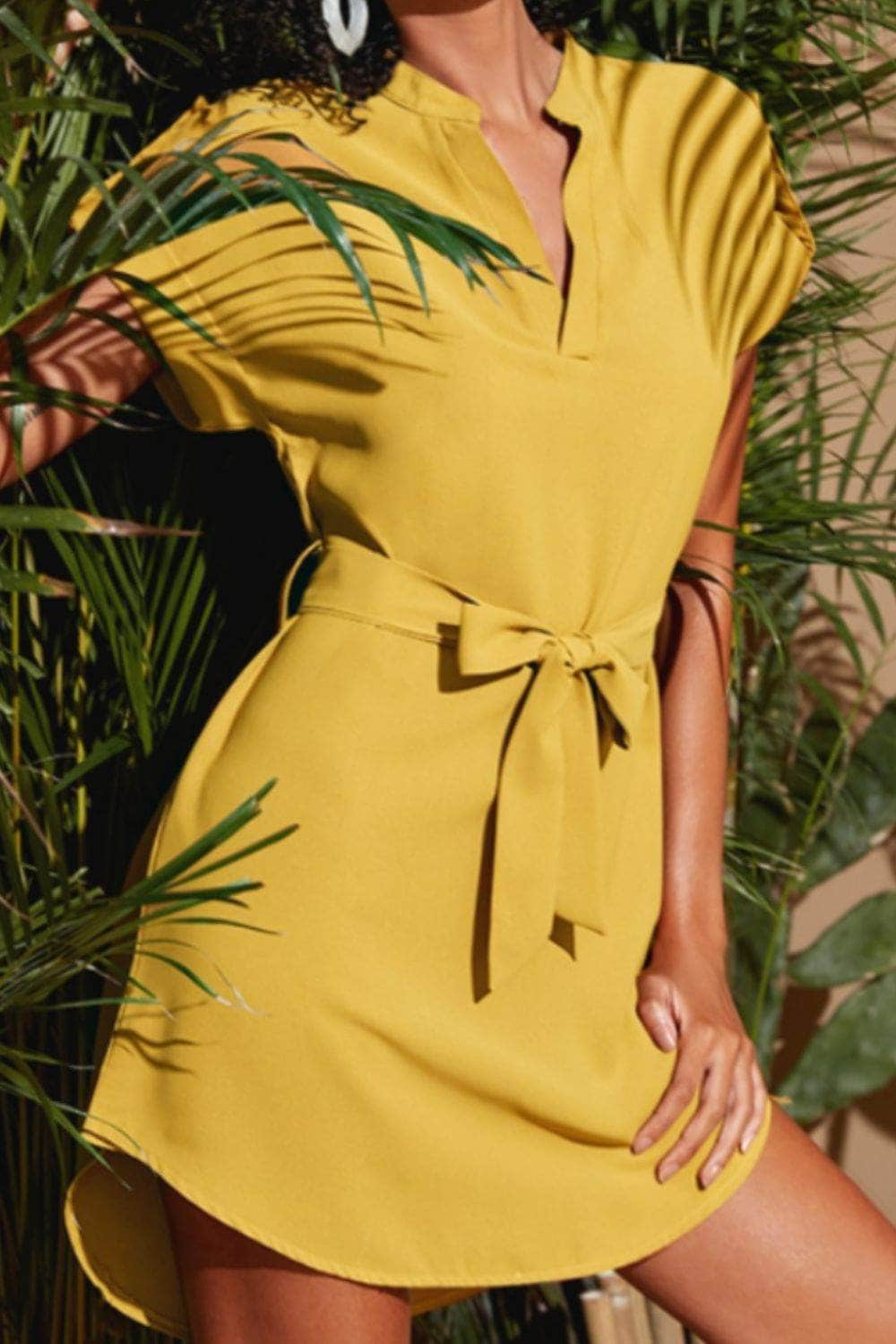Tied Notched Short Sleeve Dress Chartreuse / S