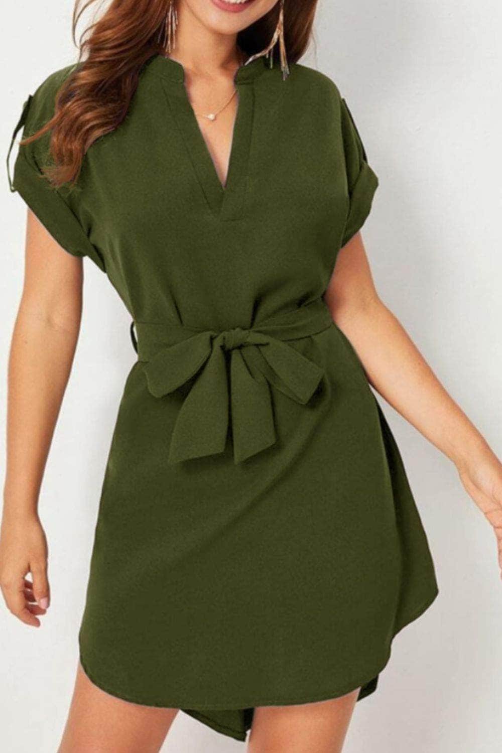 Tied Notched Short Sleeve Dress Moss / S