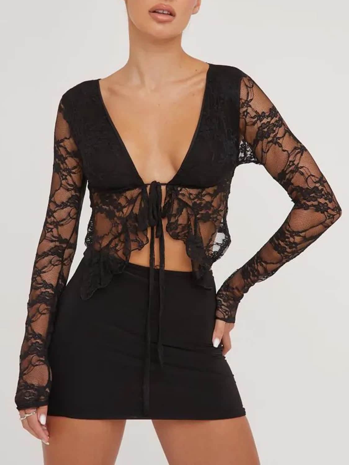 Tied Plunge Long Sleeve Lace Cropped Shirt Black / S